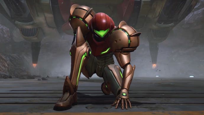 A shot from the Metroid Prime 4: Beyond trailer showing Samus Aran striking a hero pose after twirling through the air and landing dramatically on one knee.