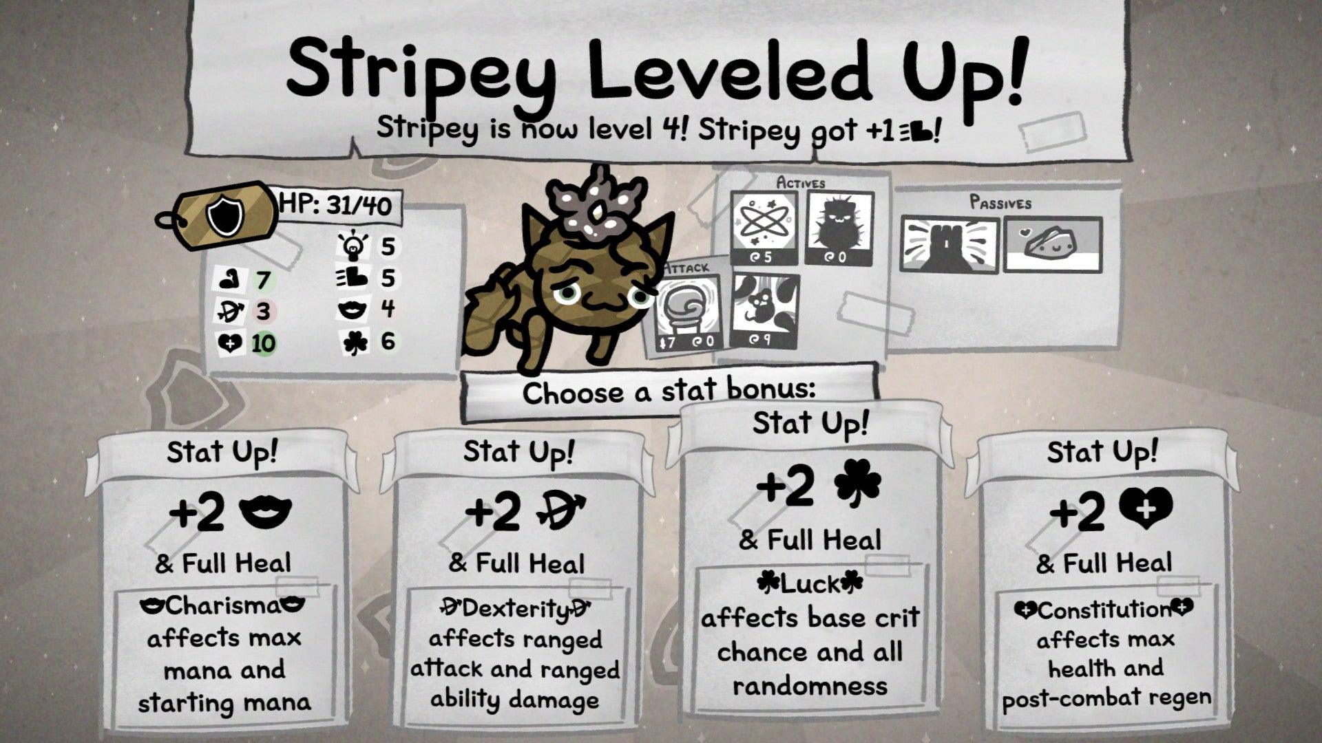Mewgenics screenshot showing a cat called Stripey levelling up and gaining new bonuses
