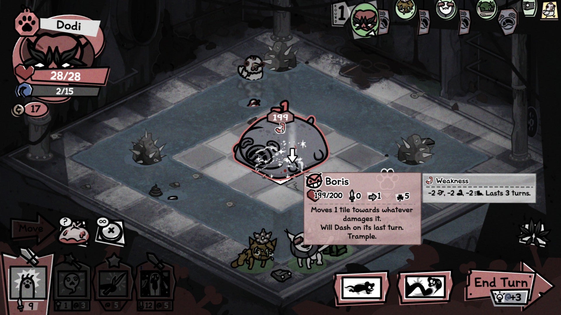 Mewgenics screenshot showing a boss battle in tactical gameplay on a black and white grid