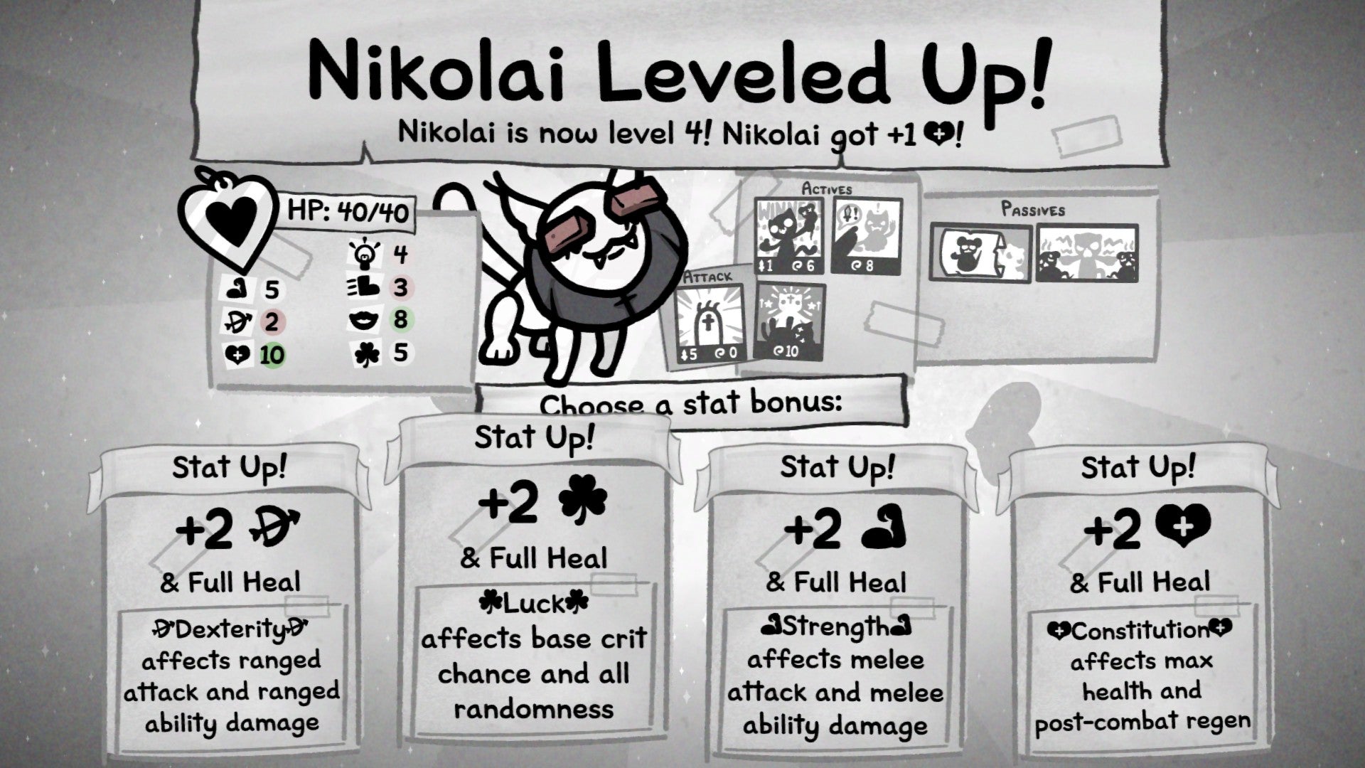 Mewgenics screenshot showing a cat called Nikolai levelling up and getting new bonuses