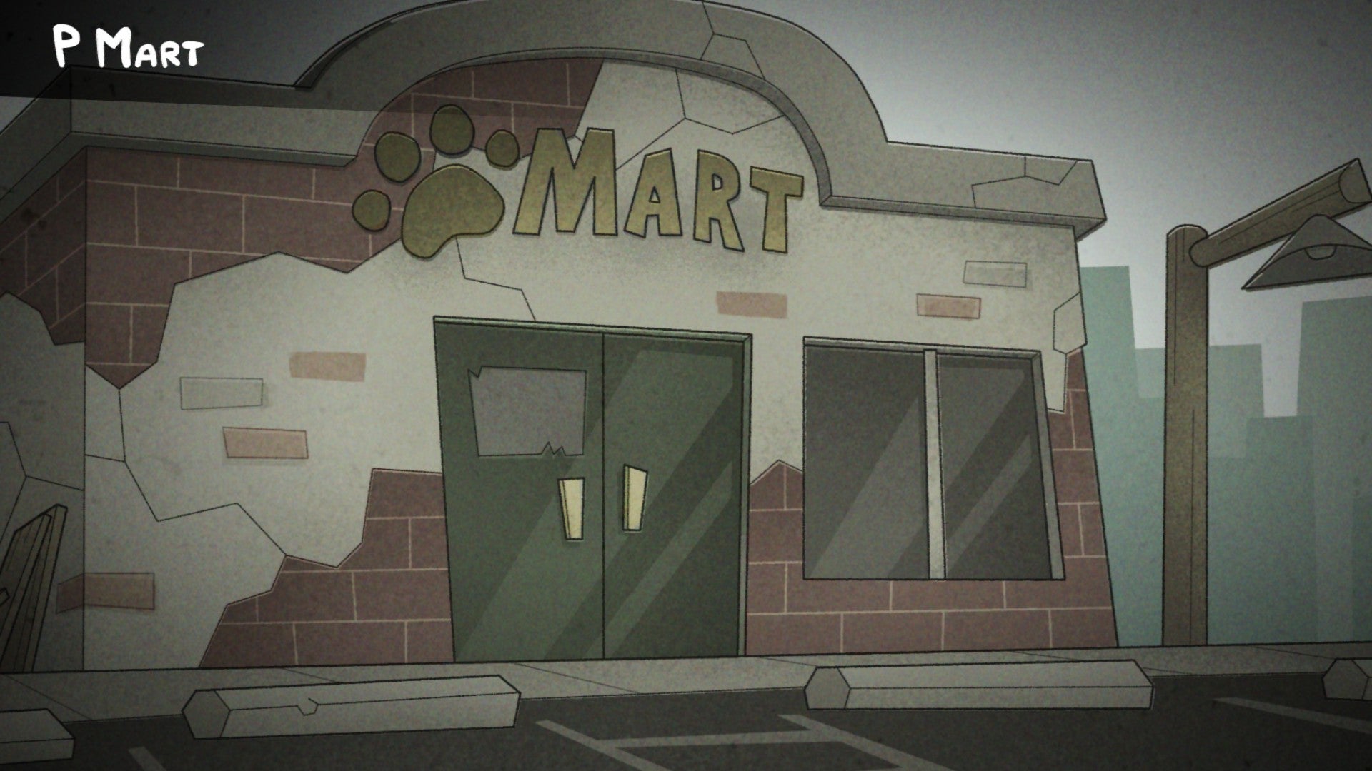 Mewgenics screenshot showing a dilapidated building labelled MART