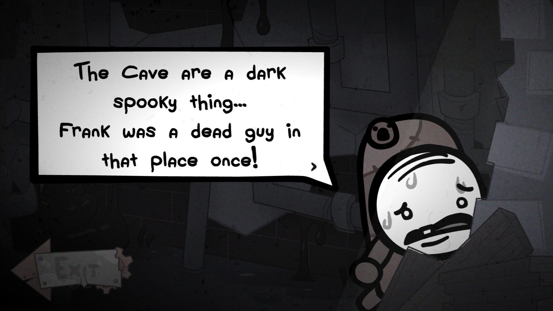 Mewgenics screenshot showing a character looking scared saying "The cave are a dark spooky thing, Frank was a dead guy in that place once!"