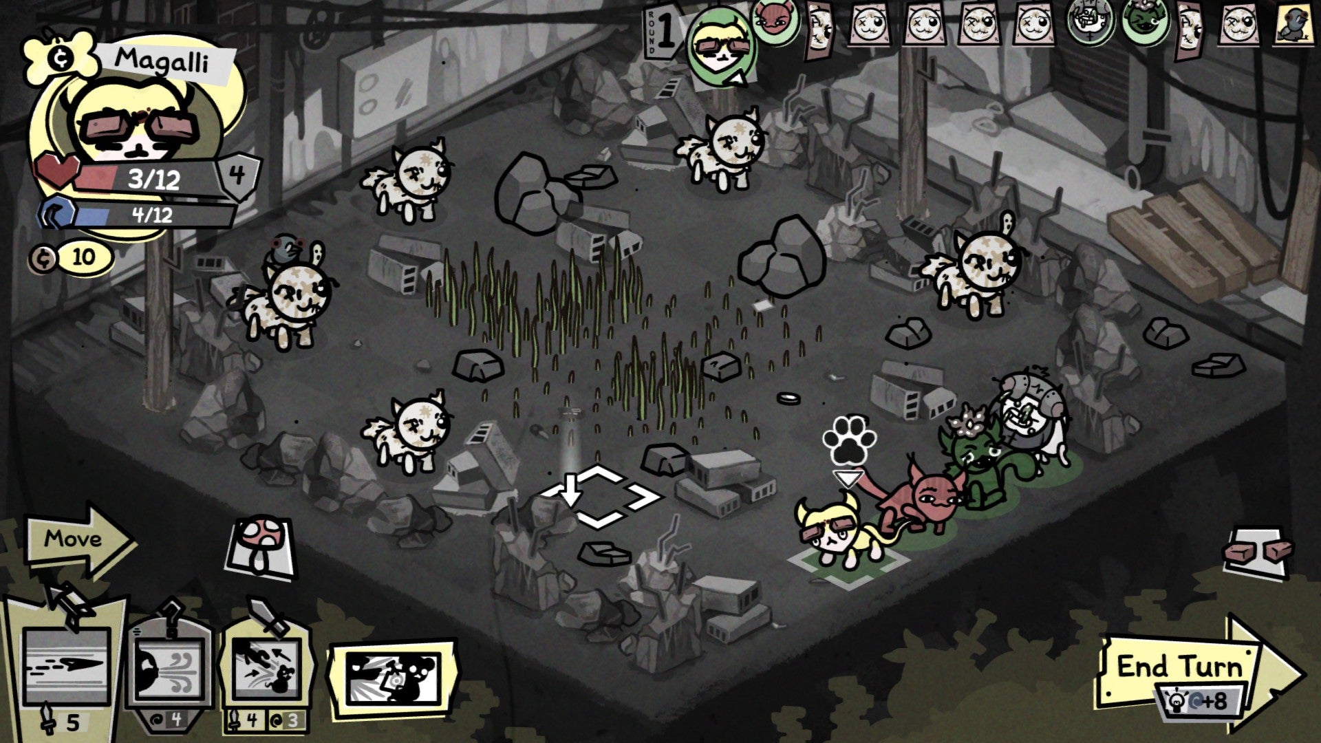 Mewgenics screenshot showing tactical cat gameplay in grotty surroundings
