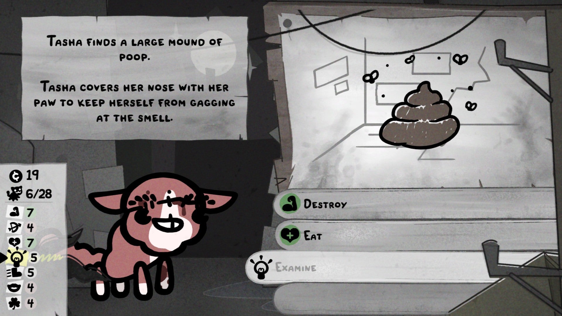Mewgenics screenshot showing a red-coloured cat deciding whether to desroy or eat a large mound of poop