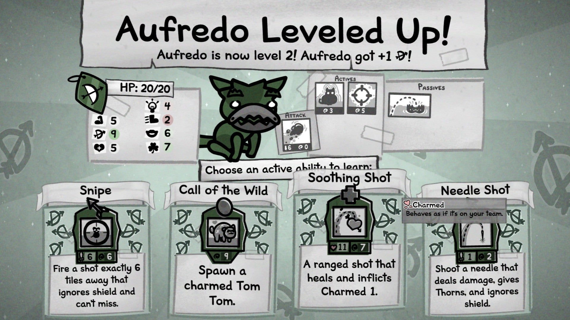 Mewgenics screenshot showing the level-up screen for a black cat called Aufredo