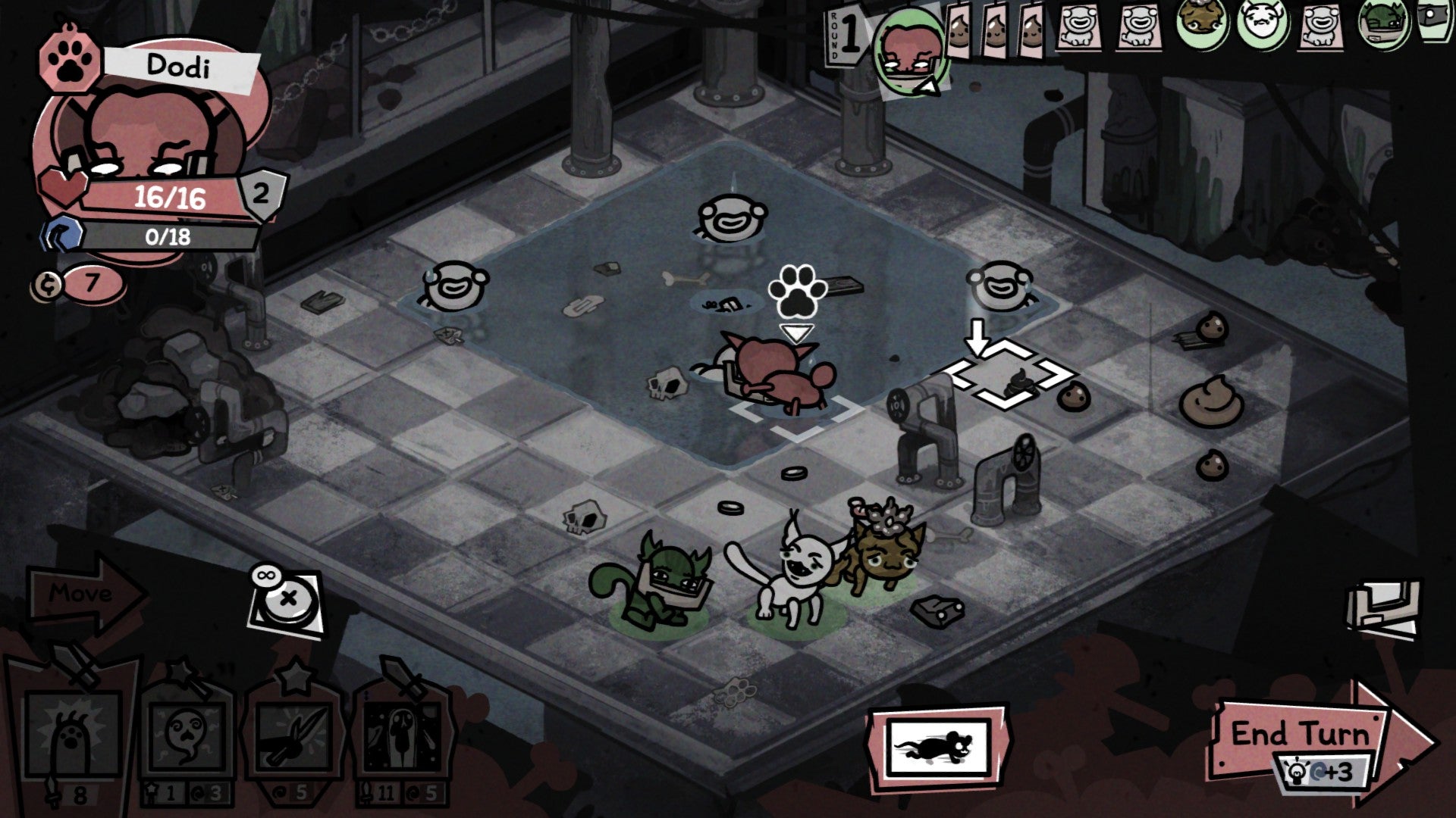 Mewgenics screenshot showing tactical cat gameplay on a chess board-like grid