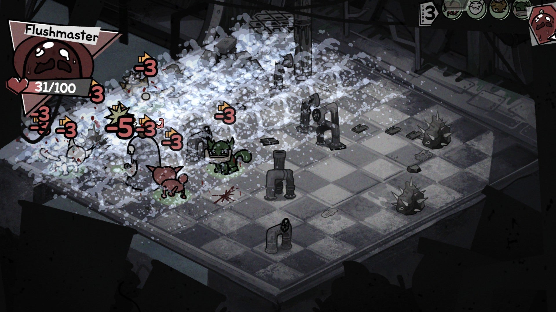Mewgenics screenshot showing a big wave of effects during tactical cat gameplay on a grid