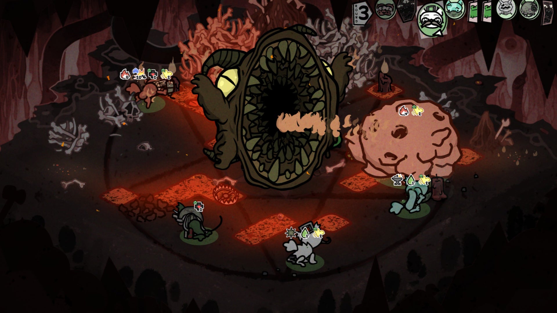 A screenshot from the game Mewgenics, showcasing the Coven boss fight that tail-ends The Core area.