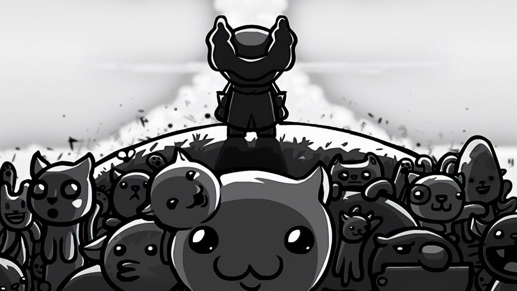 Mewgenics official artwork cropped into 16:0, showing the silhouette of a scientist looking towards a mushroom cloud, above a hill filled with cats, all in black and white/grey
