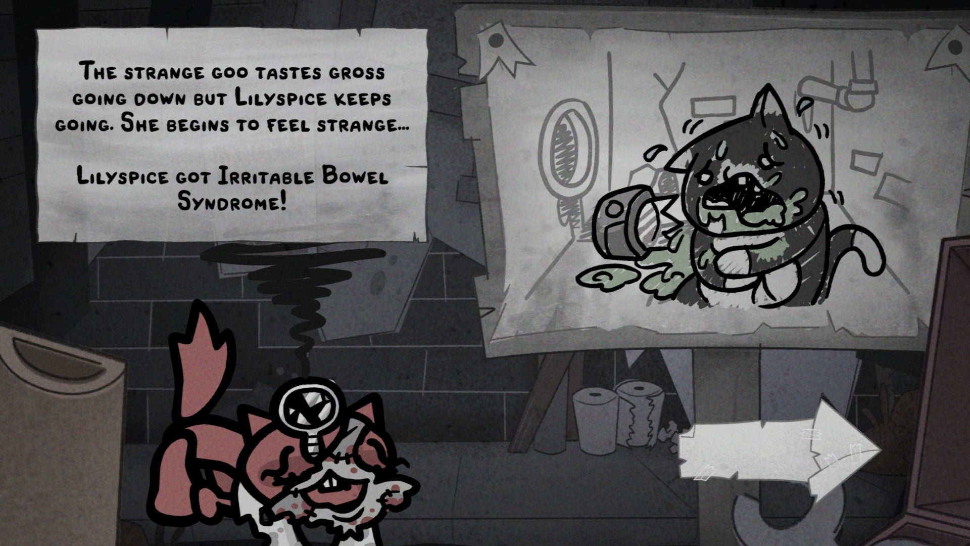 A screenshot from the game Mewgenics, showcasing one of the game's random events, as a cat gets IBS. - 7