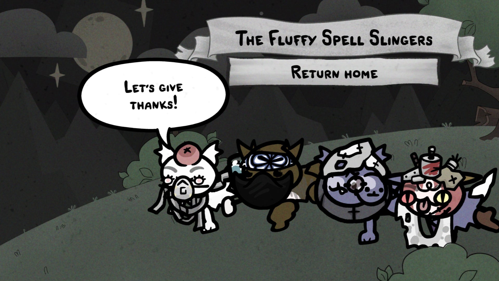 A screenshot from Mewgenics, featuring a group of cats returning from a mission.