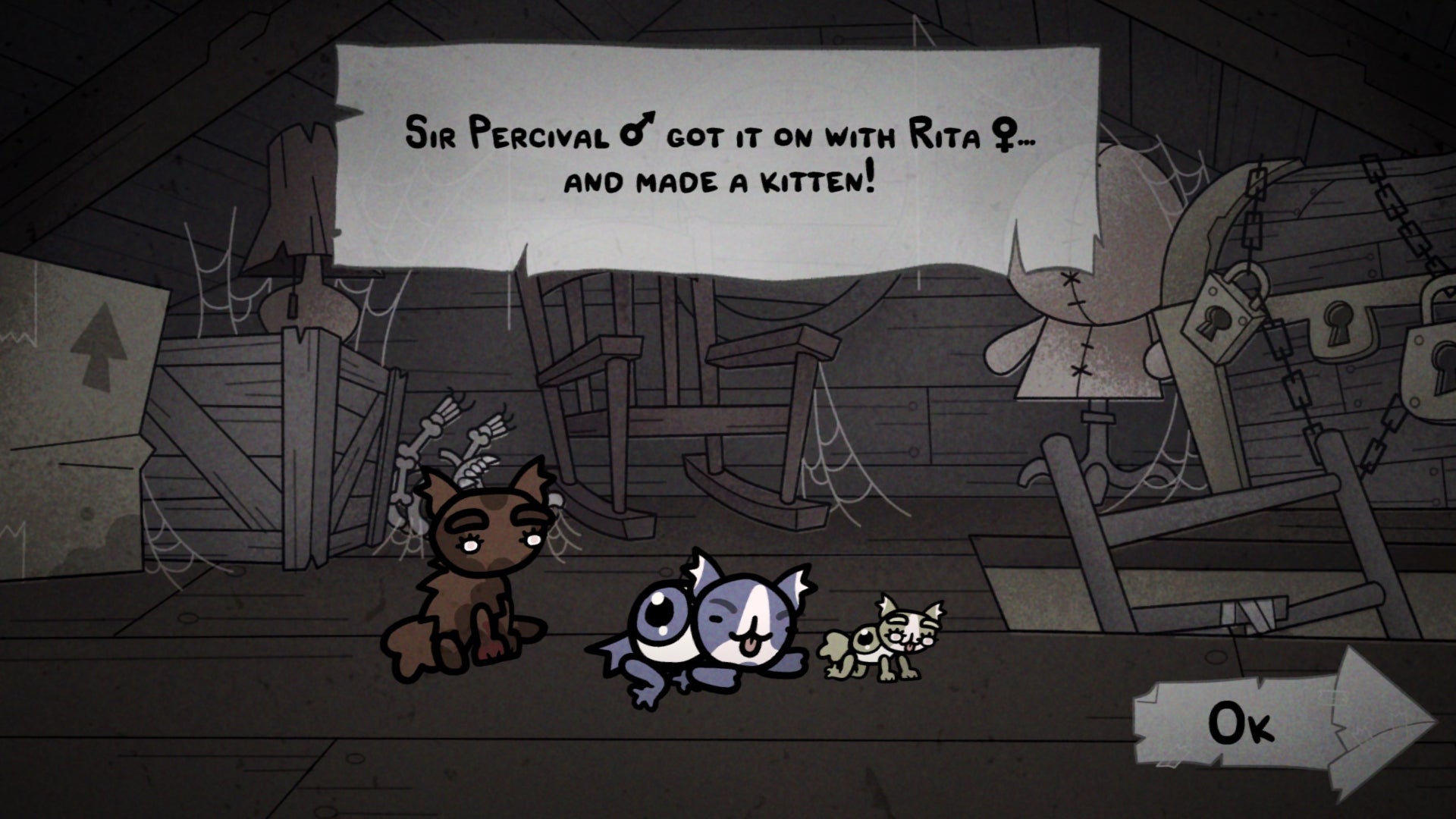 A screenshot of Mewgenics, with a cat named Rita giving birth to a kitten.