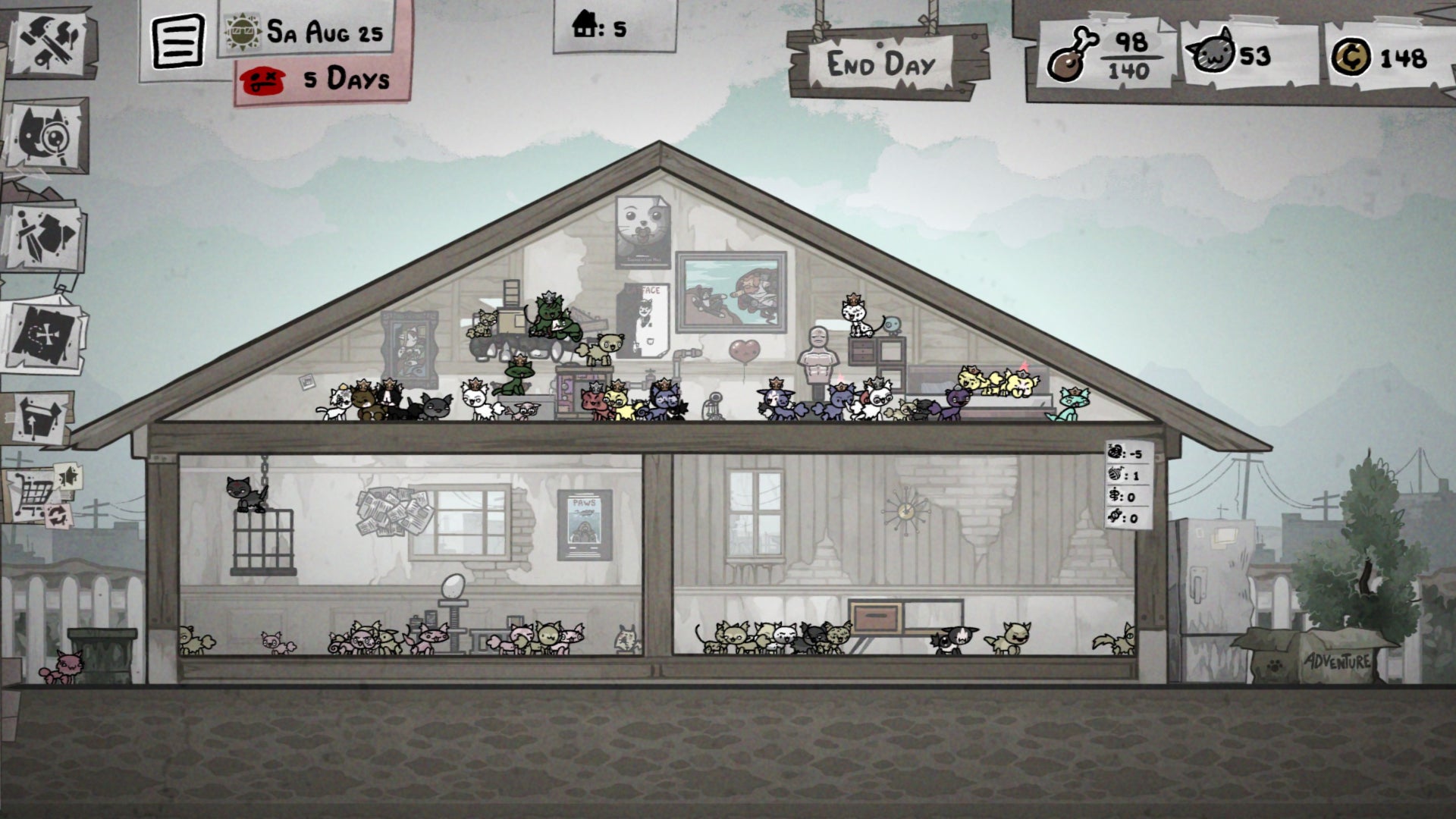 A screenshot from the game Mewgenics, showing the game's shack overpopulated with cats.