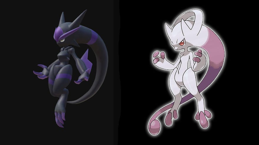A side-by-side comparison of Pokemon's Mega Mewtwo Y and Palworld's DarkMutant