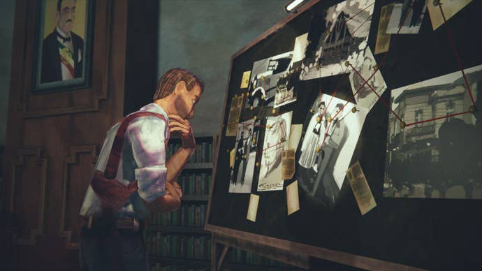 A journalist looks at a board of information with strings connecting the dots.