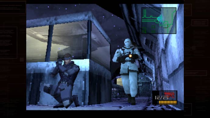 With a black border to save the aspect ration, it's a screenshot of Metal Gear Solid 1, emulated on modern systems. A guard walks by as Snake crouches around a corner.