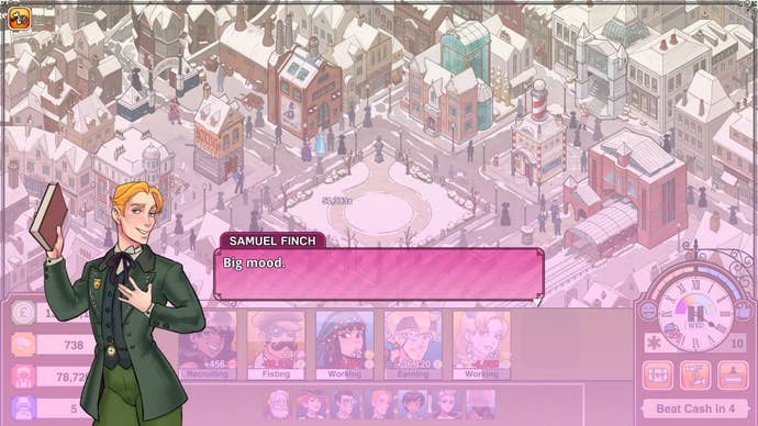 A screenshot from Max Gentlemen Sexy Business! in which a green-suited blonde man says ‘Big Mood’ over a top-down cityscape