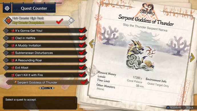 The required Serpent Goddess of Thunder quest, needed to begin the Sunbreak expansion in Monster Hunter Rise