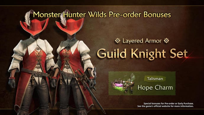 El bono de pedido anticipado para Monster Hunter Wilds: el set de armadura de Guild Knight en capas de gremio y el talismán de Hope Charm.