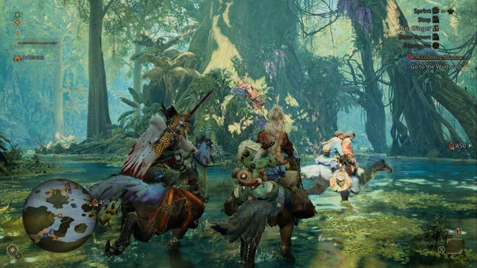 A group of hunters ride Seikrets through a dense jungle scene in Monster Hunter Wilds.