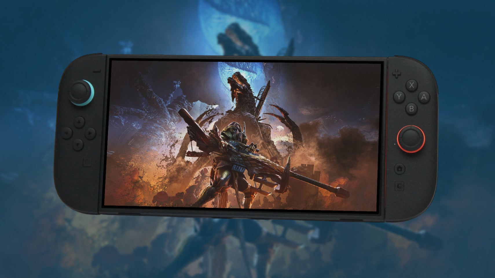 Monster Hunter Wilds title update 3 art screen on a Switch 2 console.