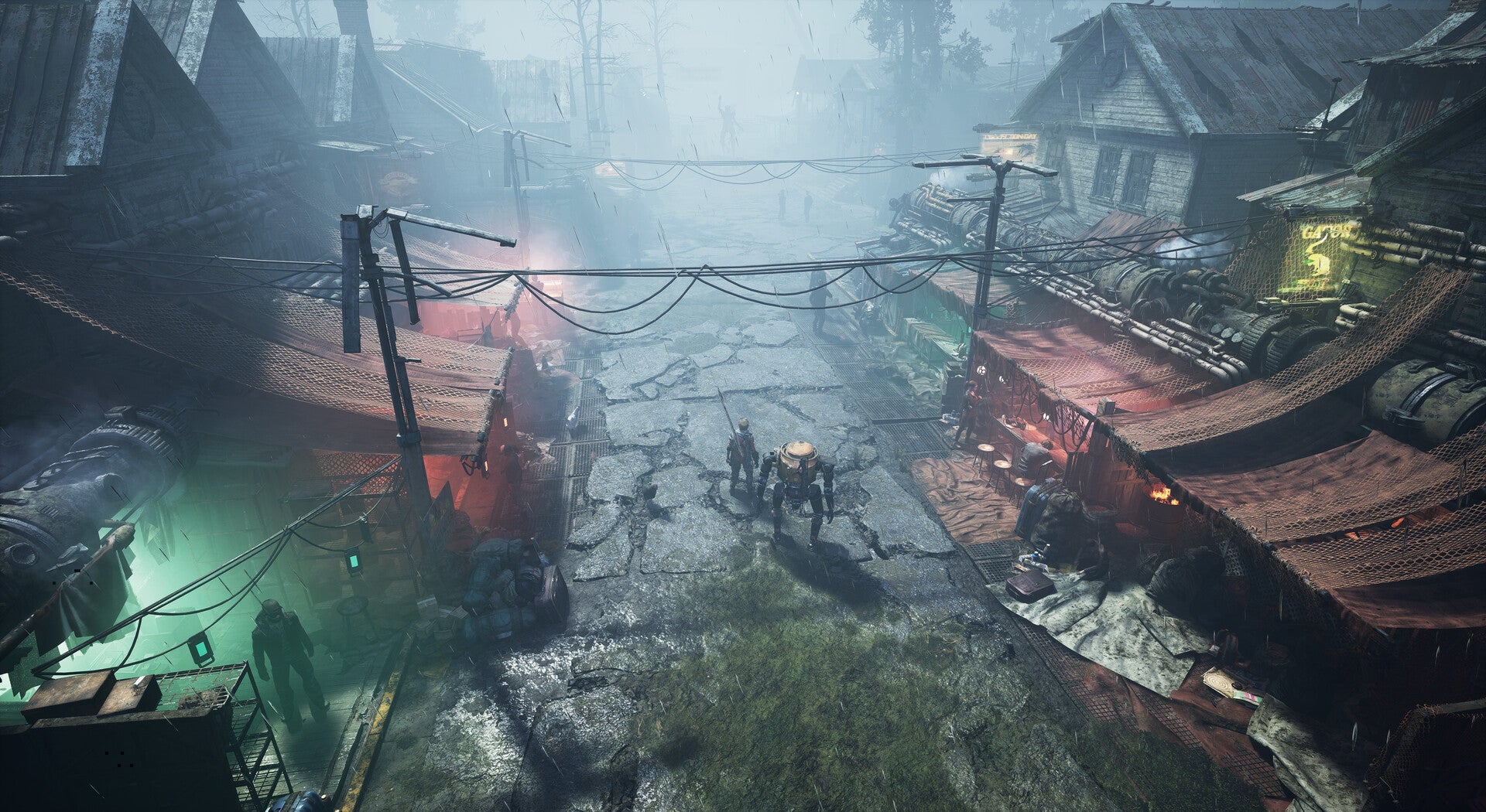 Miasma Chronicles - the two protagonists, a human and a robot, walking through a post-apocalyptic town like they&rsquo;re in a western