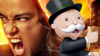 michelle rodriguez in dungeons and dragons honor among thieves with a picture of the Monopoly man giving a thumbs up overlayed on top