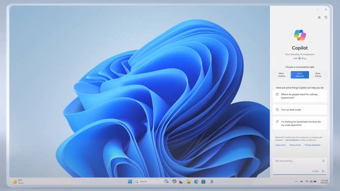 A PC desktop showing the menu for Microsoft’s Copilot AI at the side