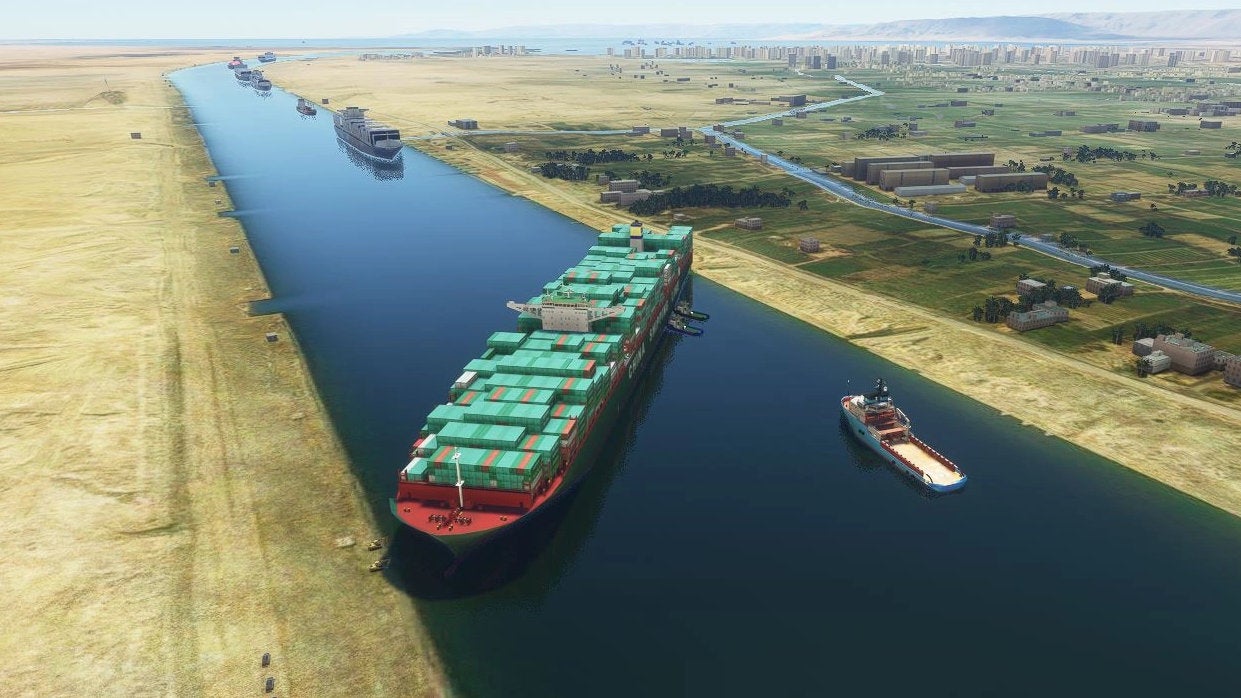 A Microsoft Flight Simulator mod screenshot showing the Ever Green stuck in the Suez Canal.