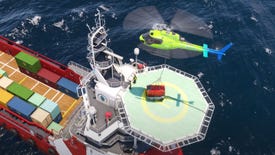 A helicopter collects cargo from a ship or oil rig at sea in Microsoft Flight Simulator 2024.