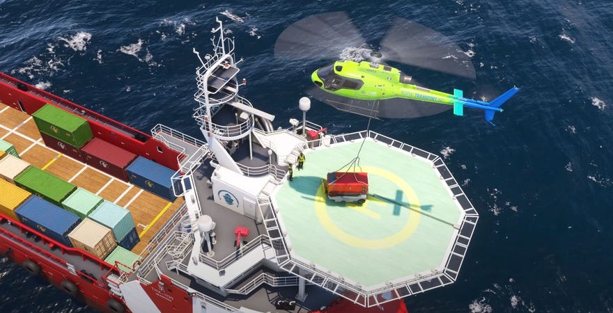 A helicopter collects cargo from a ship or oil rig at sea in Microsoft Flight Simulator 2024.