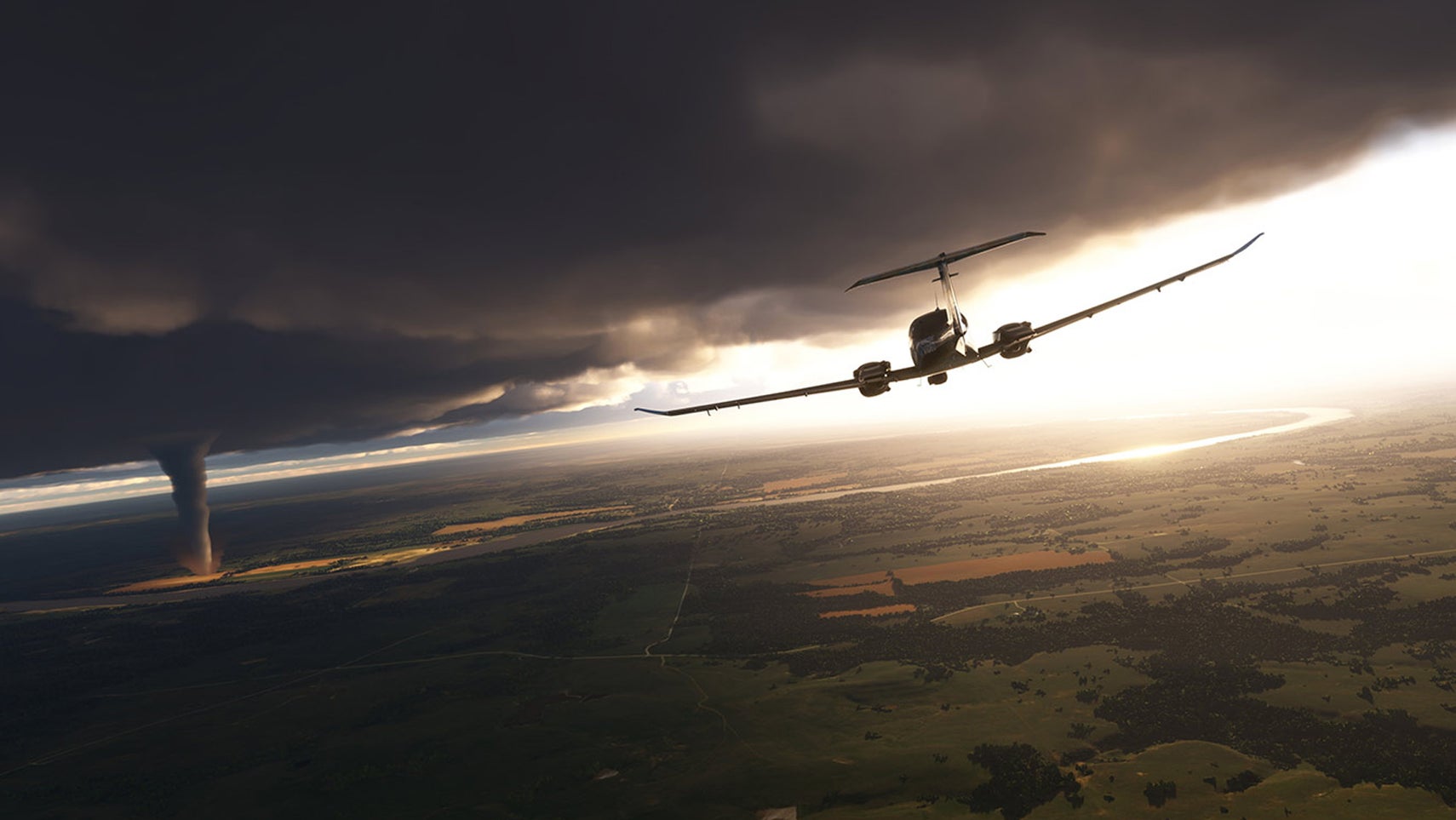 A plane flying over fields towards a tornado in Microsoft Flight Simulator 2024. - 1