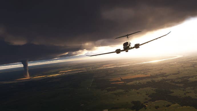 A plane flying over fields towards a tornado in Microsoft Flight Simulator 2024.