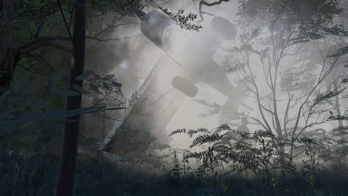 A plane crashes in a foggy forest.