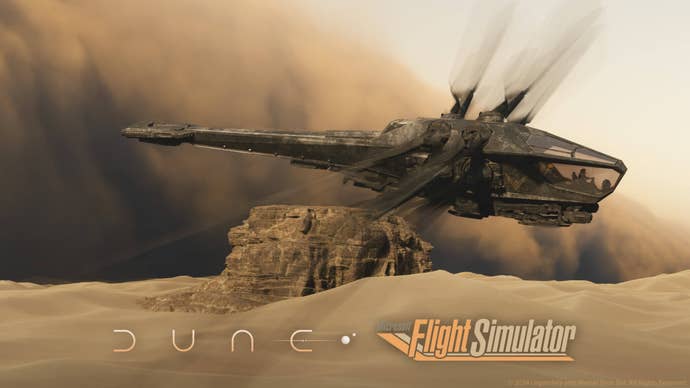 The Ornithopter from Dune flying above Arrakis in Microsoft Flight Simulator’s free expansion.