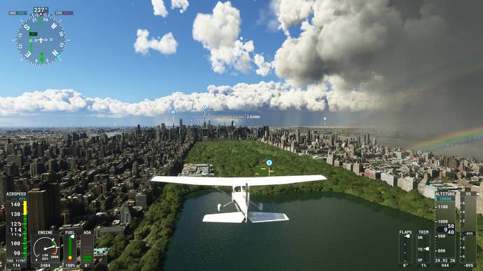 A small plane flies over New York’s Central Park in Microsoft Flight Simulator.
