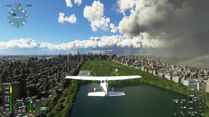 A small plane flies over New York’s Central Park in Microsoft Flight Simulator.