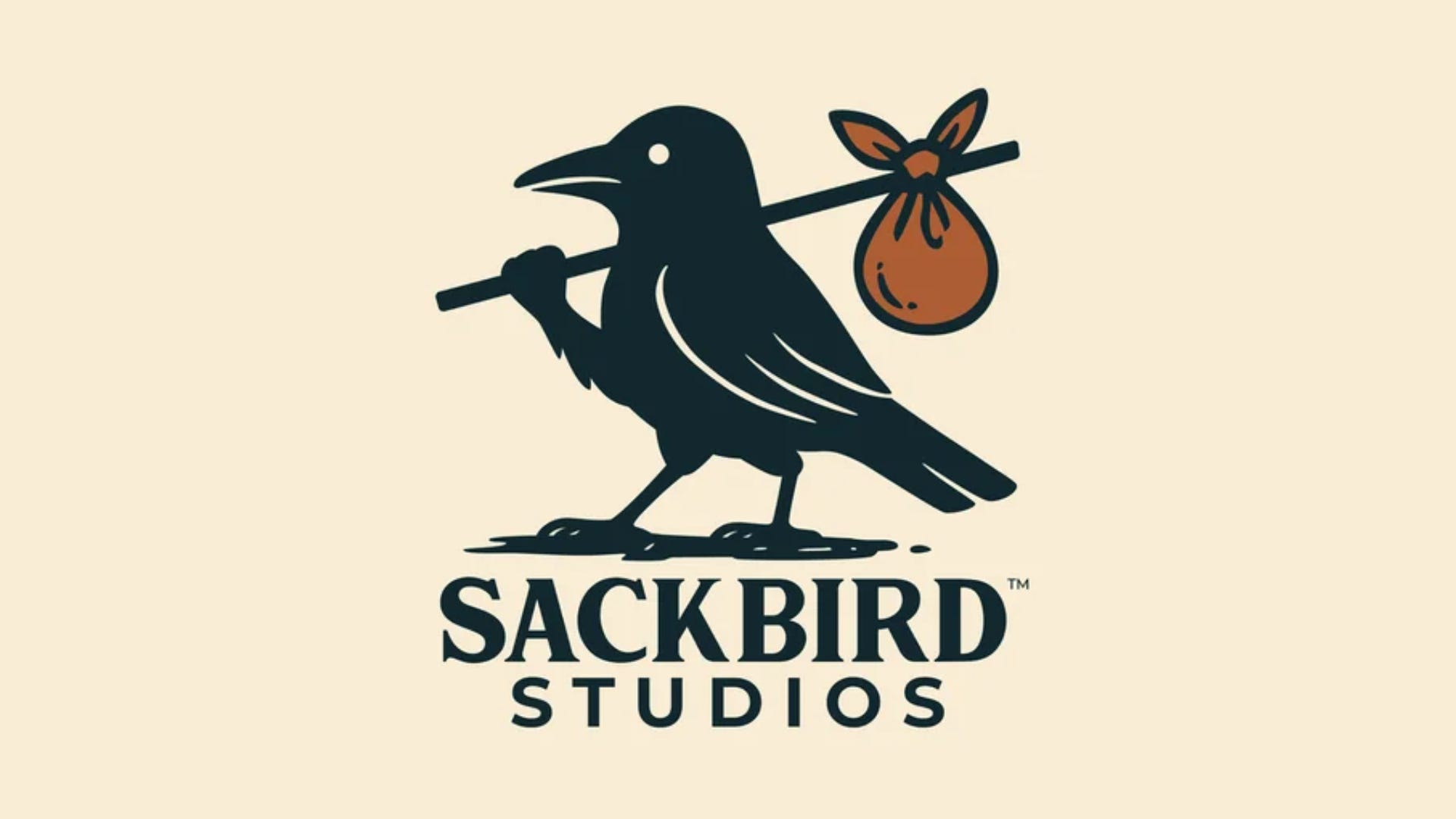 The logo of Sackbird Studios, featuring a vertebrate carrying a sack connected a stick.