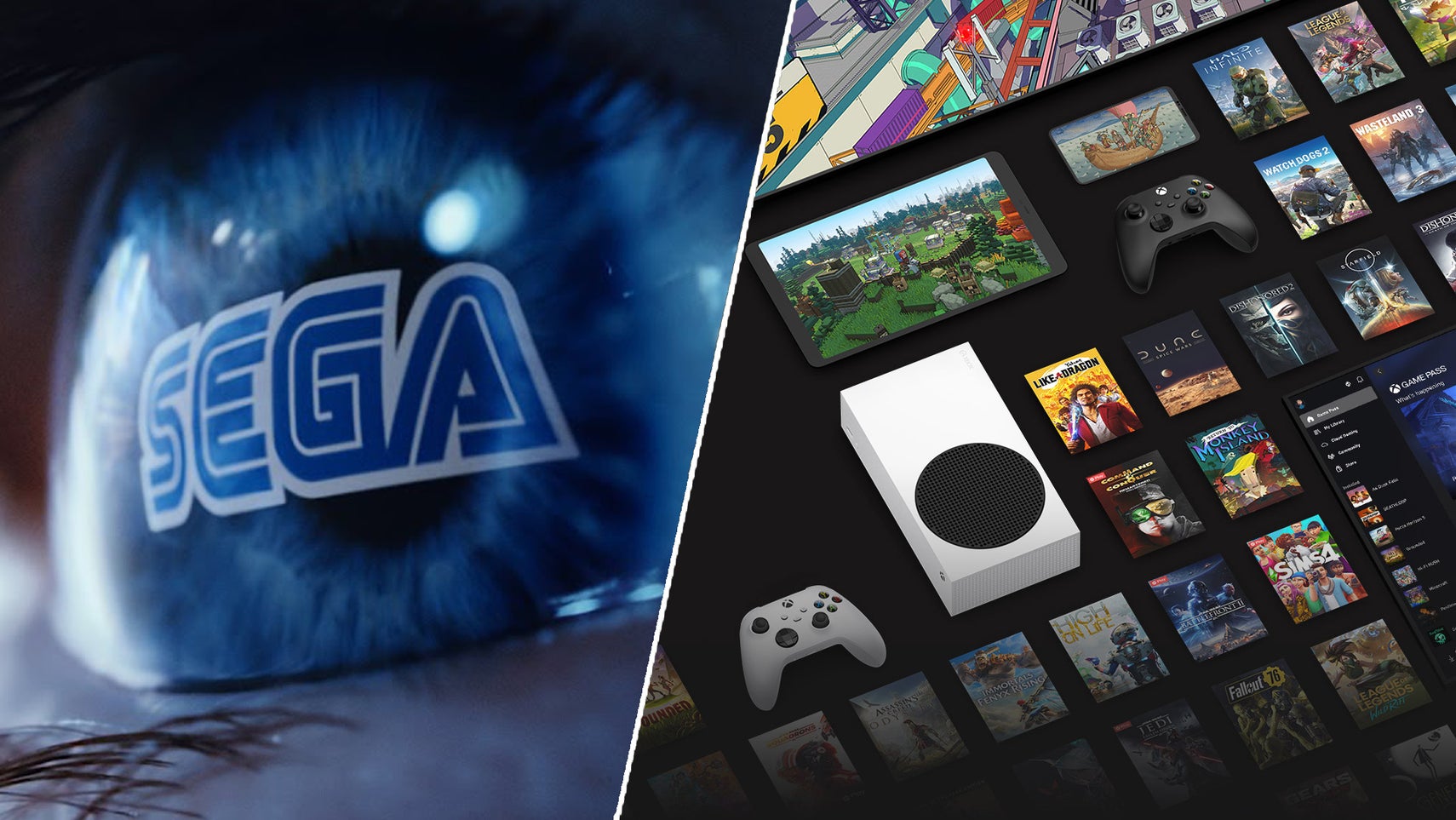 On the left, an eyeball with Sega's logo superimposed onto it. On the right, an Xbox Series S, a pair of Xbox controllers, a tablet, a phone, a TV, and numerous posters of games lay flat on a black void. - 1
