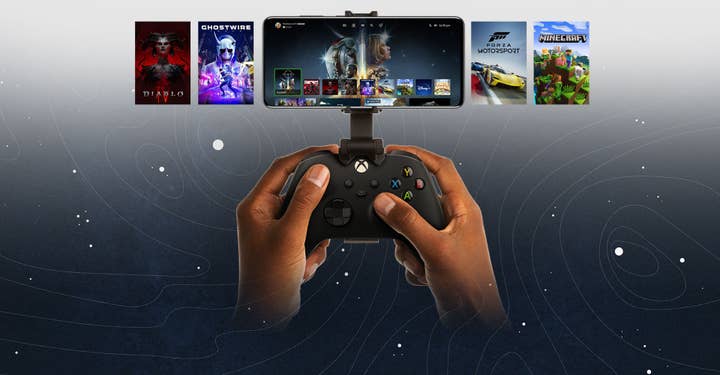 Image of hands holding an Xbox controller with a phone clip attached. The phone shows teh Xbox dashboard with Starfield on it. Images for Diablo 4, Ghostwire Tokyo, Forza Motorsport, and Minecraft are on either side. The background is a gradient shifting from light gray at the top to dark gray at the bottom, with lines and dots evoking topographical maps and star charts
