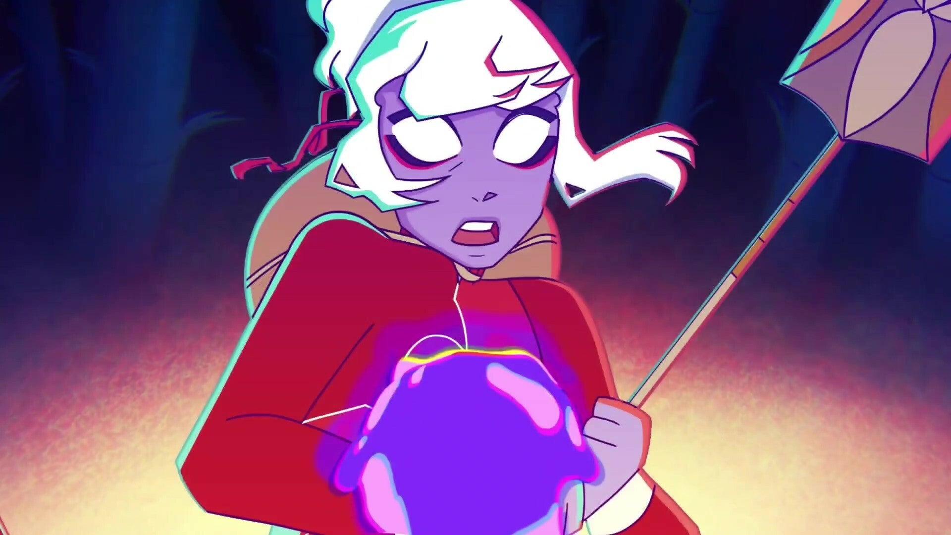 An image from the game Midautumn, showing a purple-skinned character with long white hair and white wide eyes confronting a purple blob. They hold what looks to be a shovel - or a giant fly swatter.