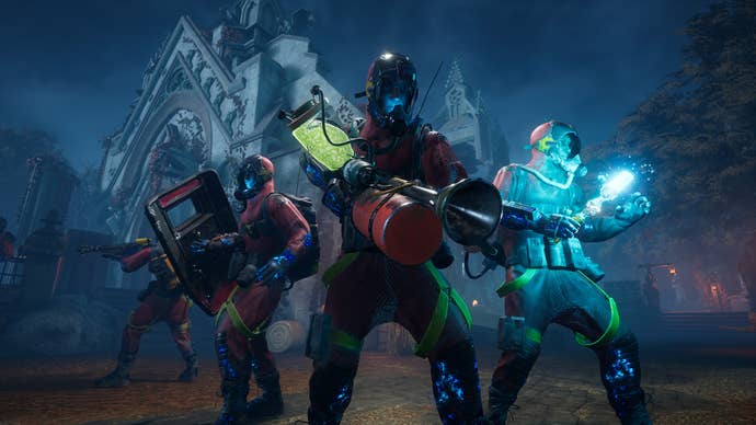 A gang of three ghost busters in front of a spooky mansion in Midnight Ghost Hunt