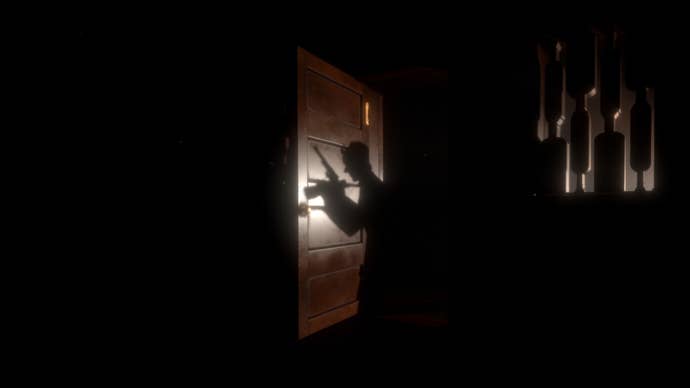 A Midnight Murder Club screenshot showing the silhouette of a person with a raised revolver in their hand cast upon a heavy wooden door.