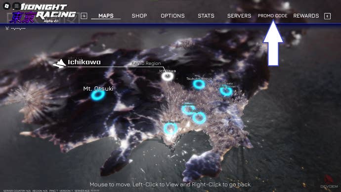 A screenshot of Midnight Racing Tokyo in Roblox showing the game's codes button.