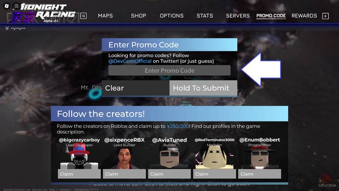 A screenshot of Midnight Racing Tokyo in Roblox showing the game's codes field.