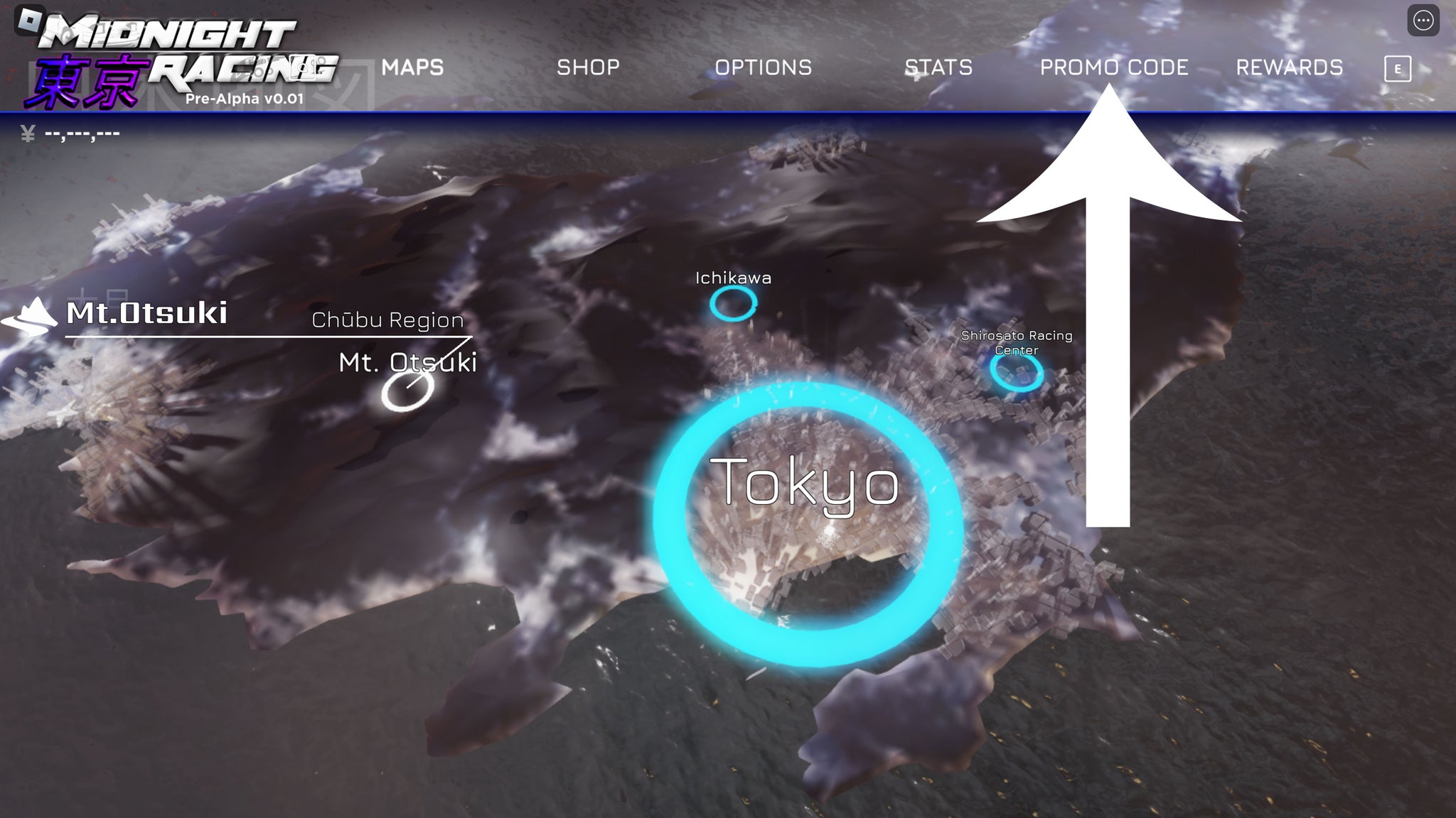 In-game screenshot of Roblox game Midnight Racing Tokyo with an arrow pointing at the button players need to press to redeem a code. - 3