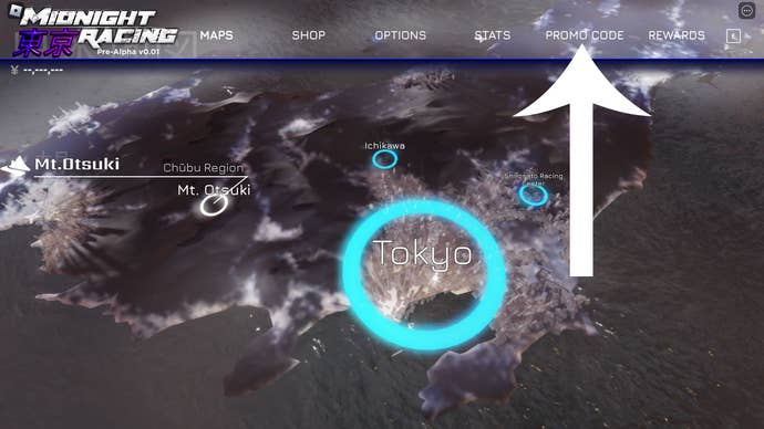 In-game screenshot of Roblox game Midnight Racing Tokyo with an arrow pointing at the button players need to press to redeem a code.