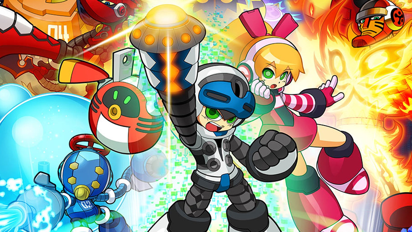 Key art for Mighty No. 9 showing the titular character with various other characters posed around him. - 1
