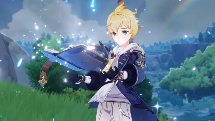 Genshin Impact Mika materials: An anime boy with short blonde hair, wearing a deep blue coat over a white shirt and shorts, is holding a glowing blue book. A sparkling aura emanates from it