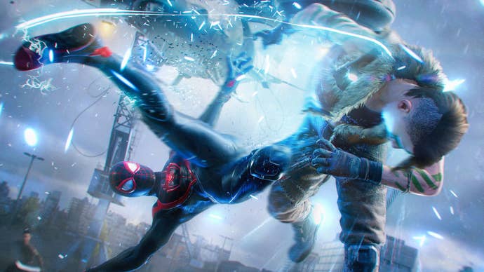 Miles Morales as Spider-Man in Marvel’s Spider-Man 2 using his aerial combat skills to take down one of Kraven’s hunters